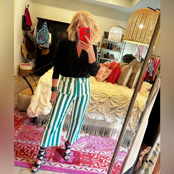 Striped Green and White Women's Pants - Picture 13 of 14